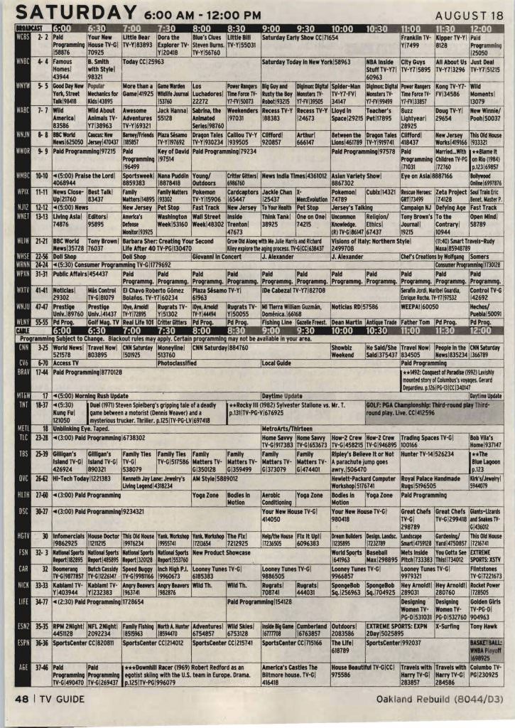 Page from TV Guide Magazine listing the programming on August 18th 2001.
